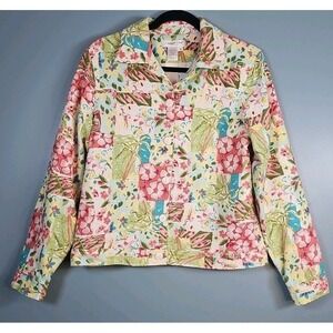 Coldwater Creek Women's Multi-Color Floral Button Up Cotton Blazer Jacket Size S